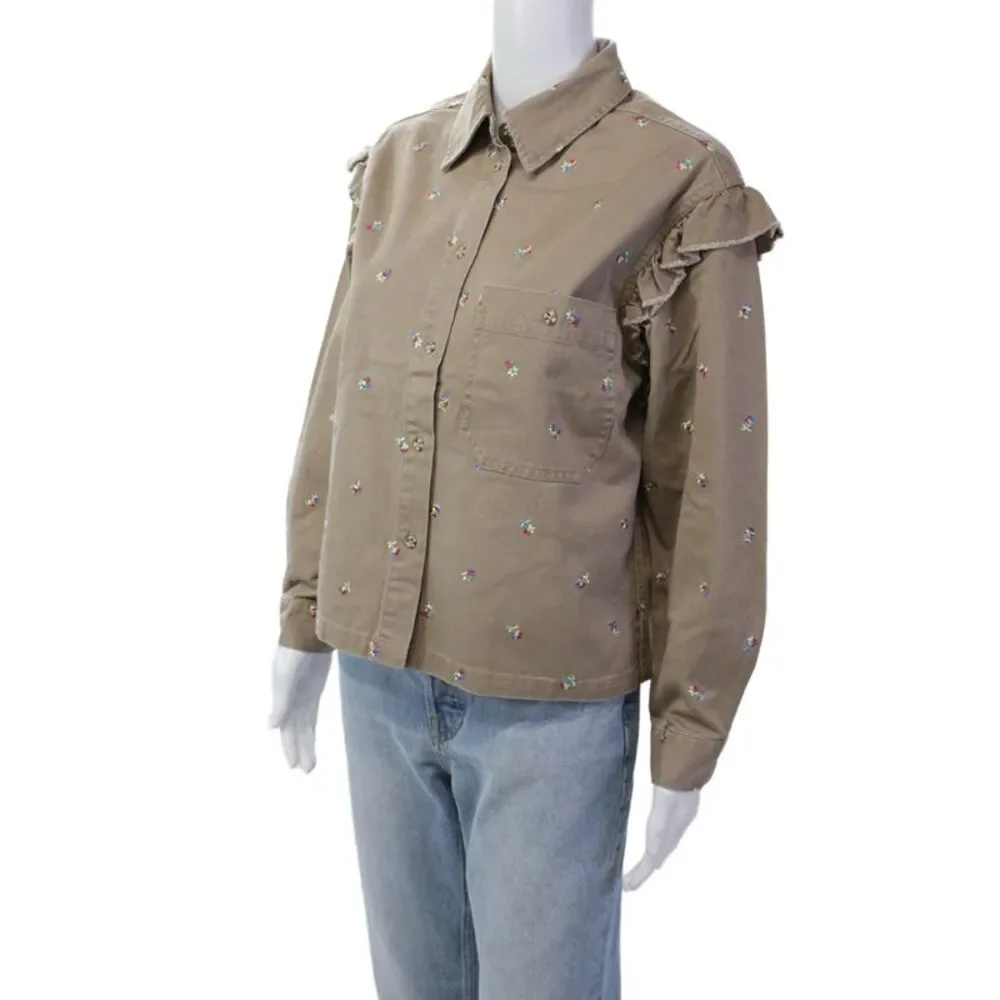 Something Navy Womens Floral Embroidered Ruffle Detail Denim Jacket Tan Size XS